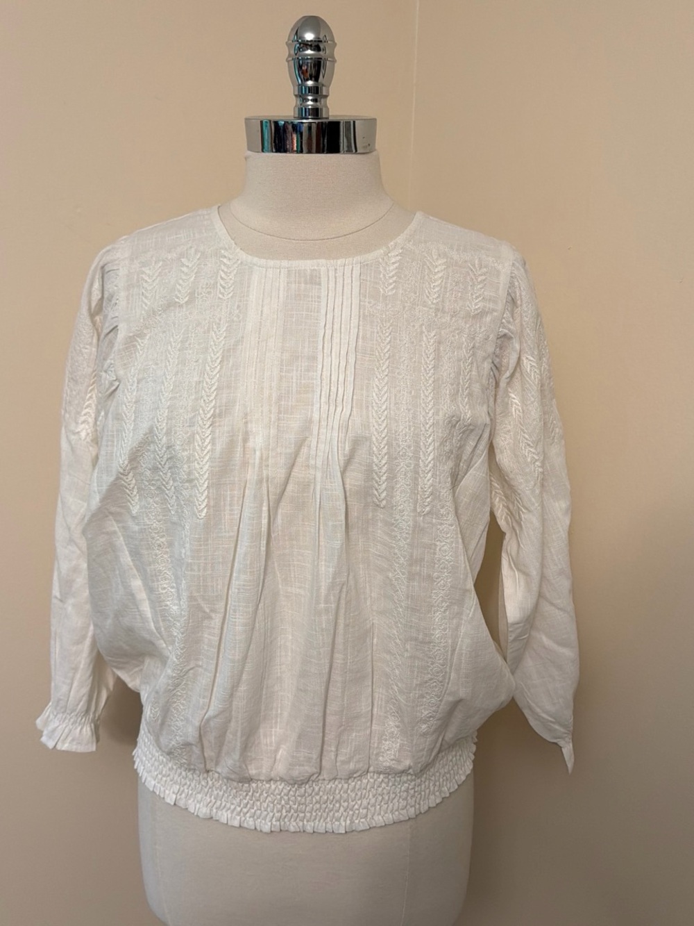 Novica Embroidered and Pintucked White Cotton Blouse L
